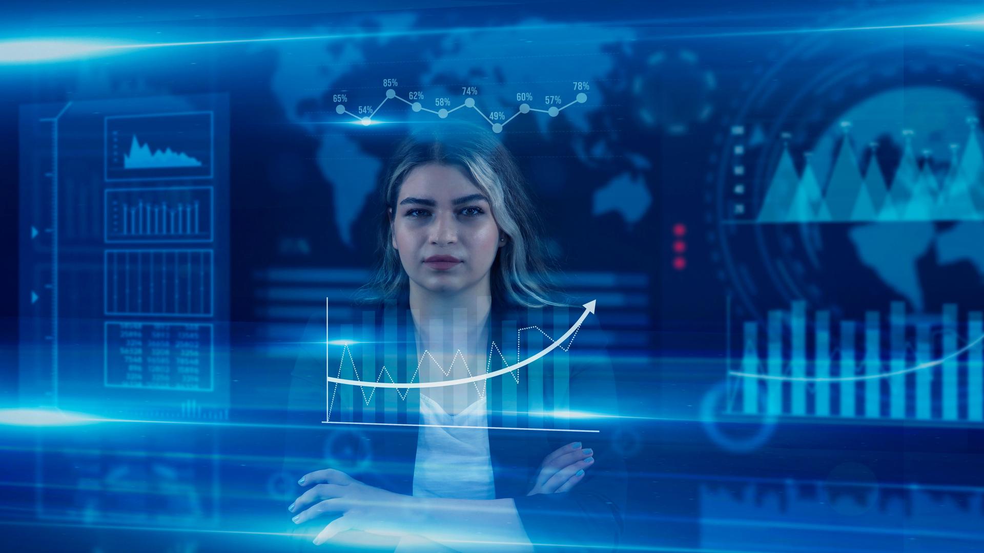 Businesswoman watch and analyze digital business data on futuristic holographic screen. Futuristic user interface concept. Graphical User Interface.