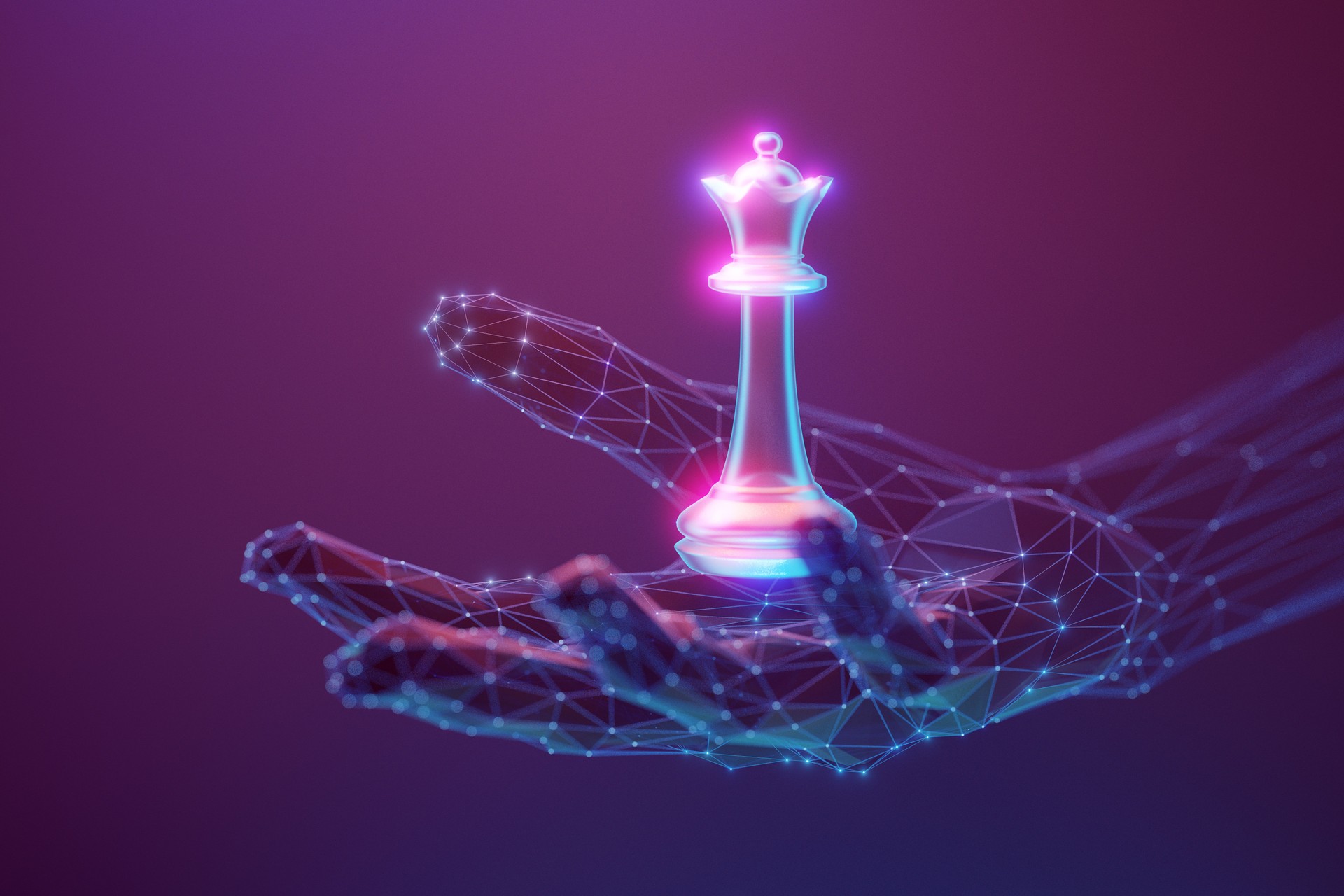 Opportunity concept. Queen chess peace on the abstract human hand made with atom array and plexus effect. Neon lighting, selective focus